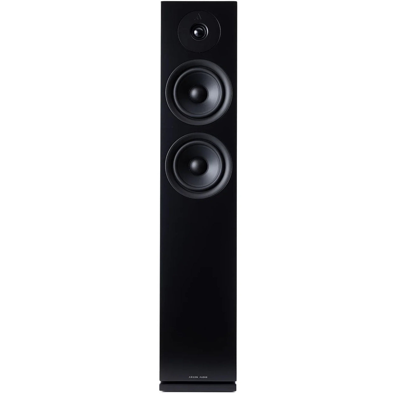 Black Argon Audio Forus 55 passive floorstanding speakers shown from the front with sleek design and tall speaker cabinets.