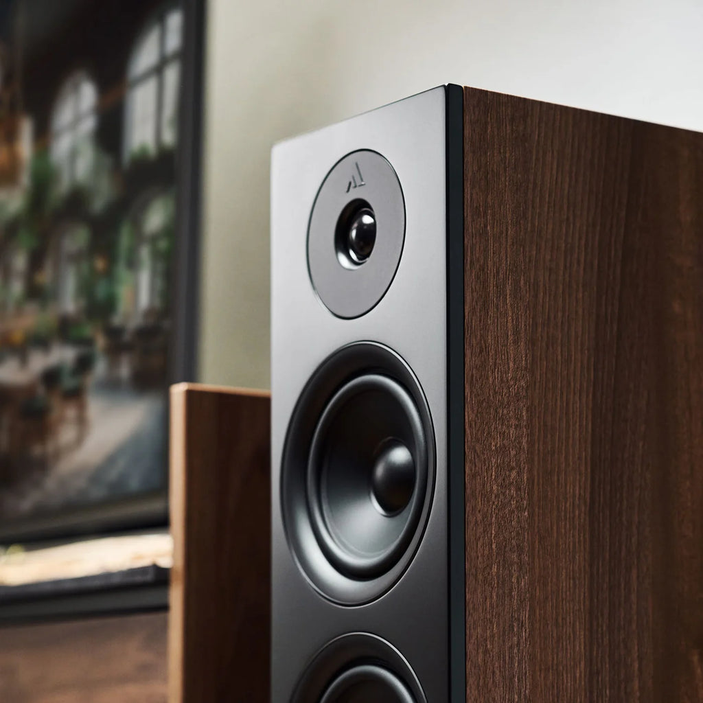 Argon Audio Forus 55 passive floorstanding speakers with sleek black finish and multiple speaker drivers for high-quality sound.
