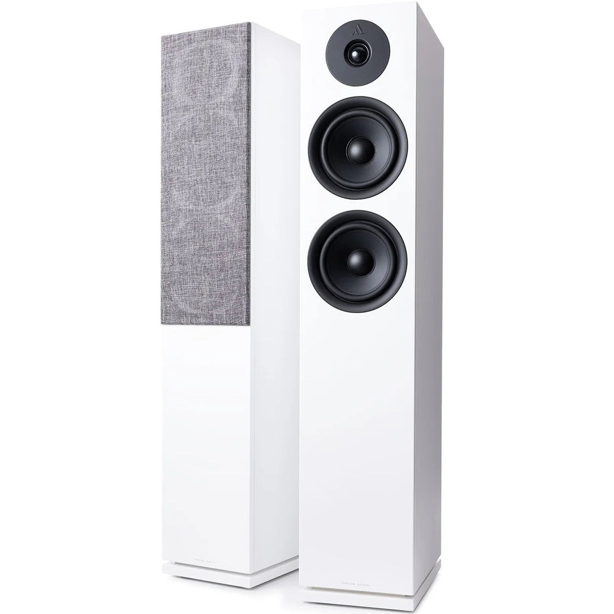 Argon Audio Forus 55 passive floorstanding speakers with sleek white finish, showcasing modern design and speaker drivers.