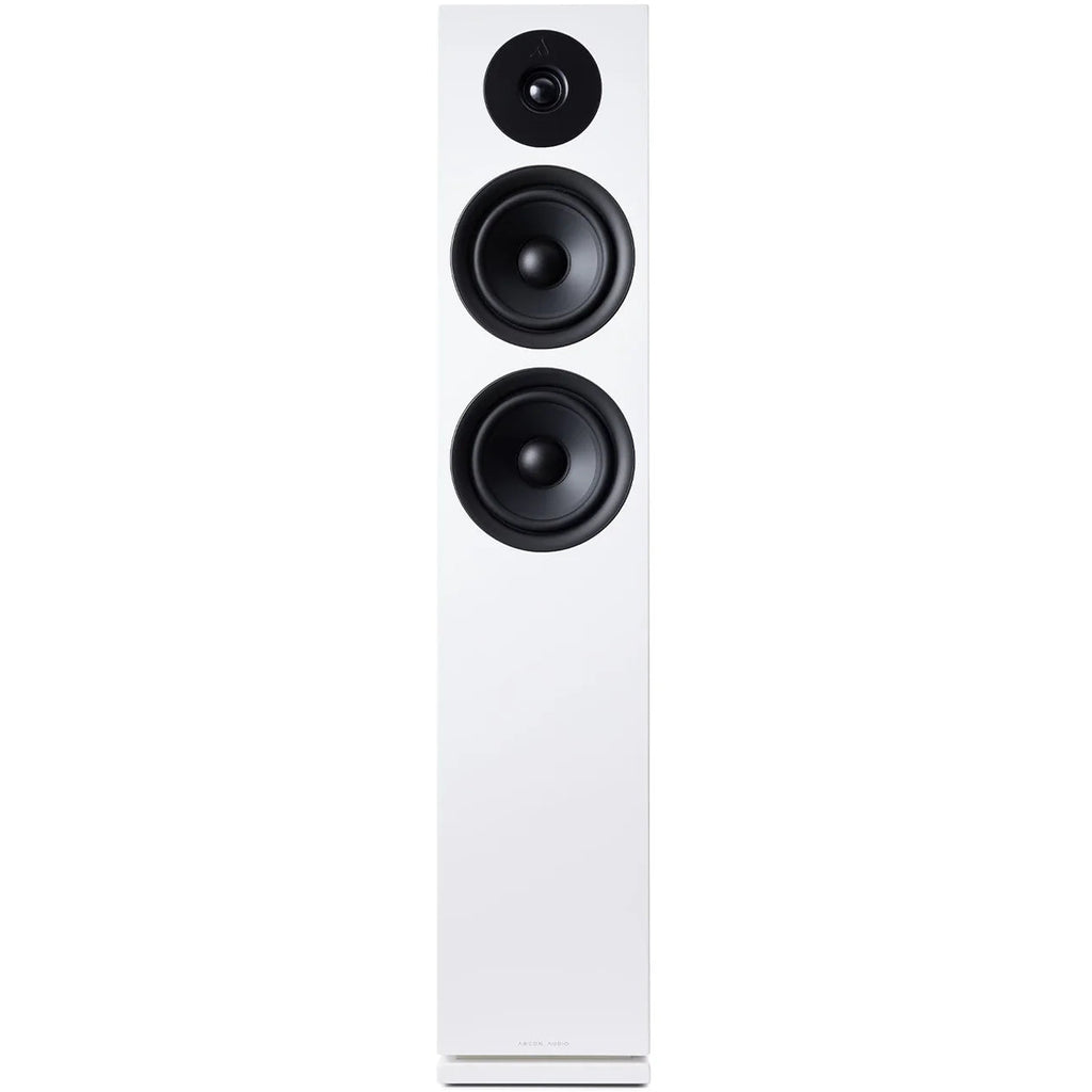 Argon Audio Forus 55 passive floorstanding speakers with white finish, showcasing sleek design and multiple speaker drivers.