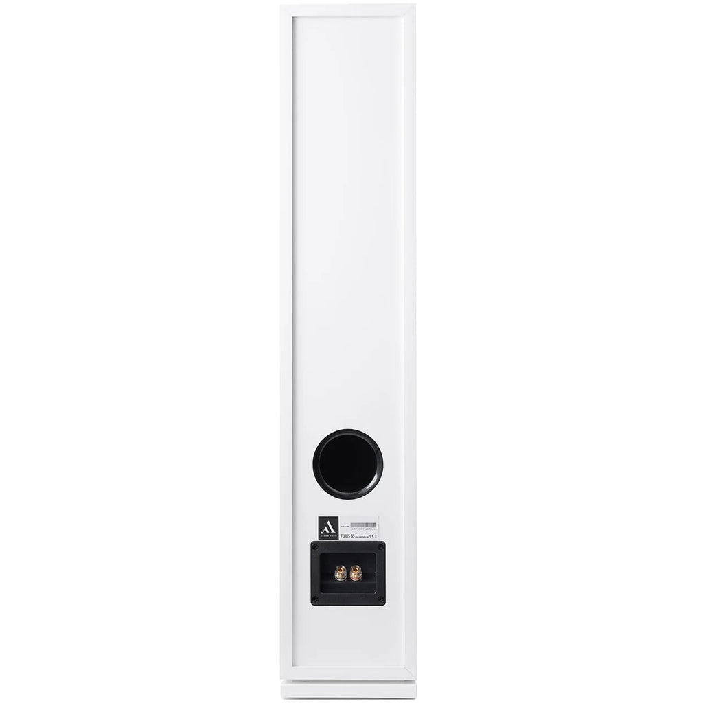 Argon Audio Forus 55 passive floorstanding speakers in white, showcasing sleek design and tall speaker cabinets.