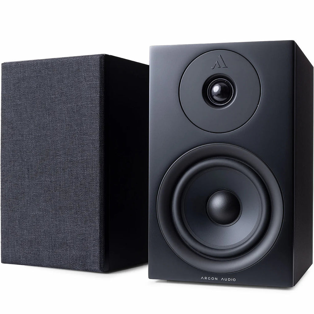 Argon Audio Forus 5 passive bookshelf speakers with black finish, showing front view with drivers and grille.