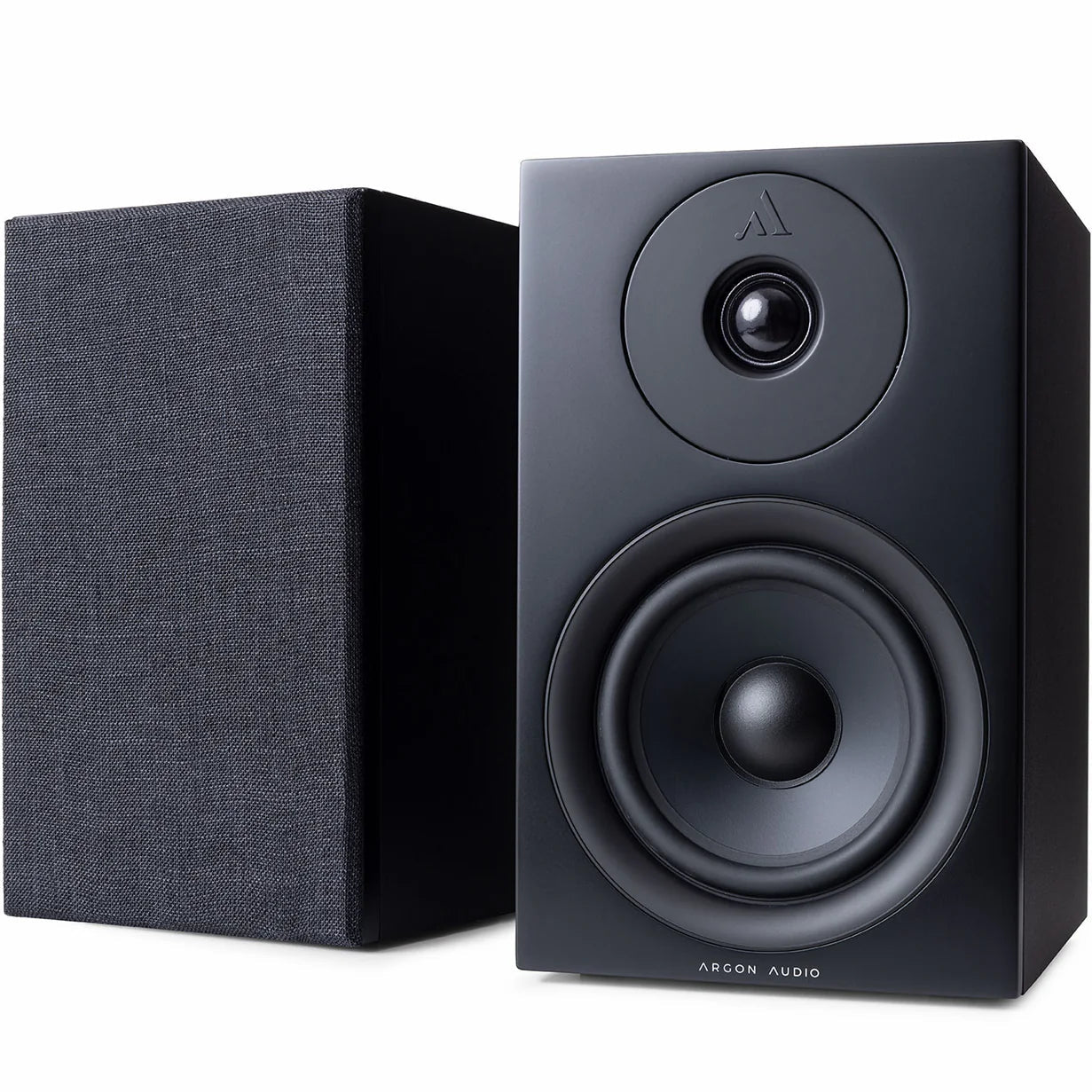 Argon Audio Forus 5 passive bookshelf speakers with black finish, showing front view with drivers and grille.