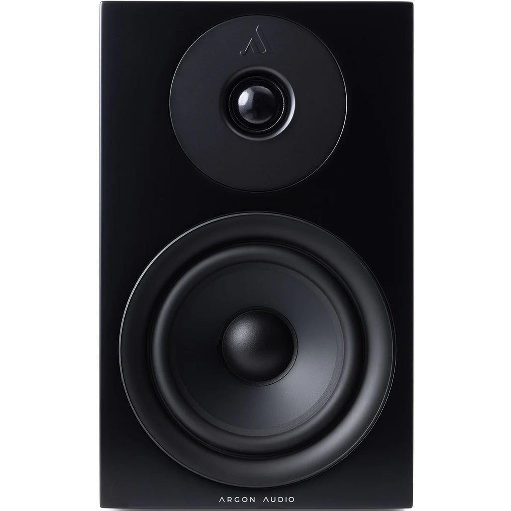 Argon Audio Forus 5 passive bookshelf speakers with black finish, showing front view with speaker grilles and woodgrain base.