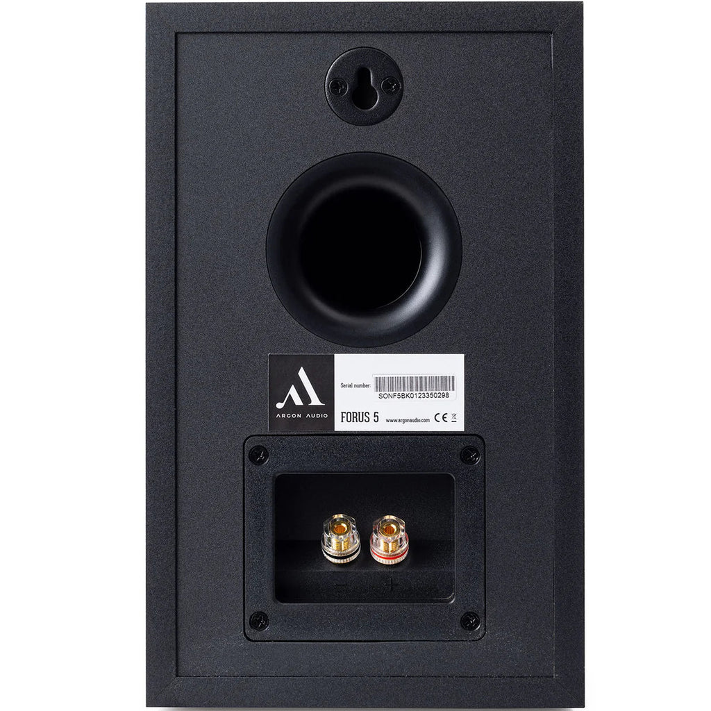 Argon Audio Forus 5 passive bookshelf speakers with black finish and sleek design, shown from the front angle.