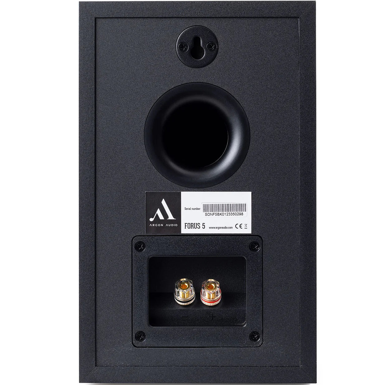Argon Audio Forus 5 passive bookshelf speakers with black finish and sleek design, shown from the front angle.