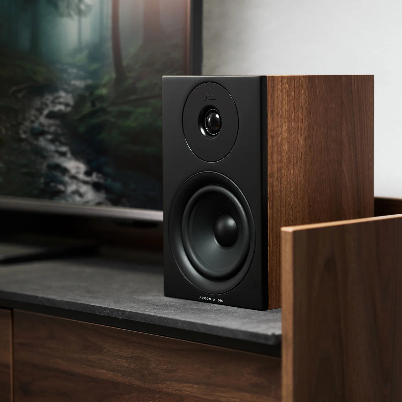 Argon Audio Forus 5 passive bookshelf speakers with black wood finish and sleek design for high-quality sound.