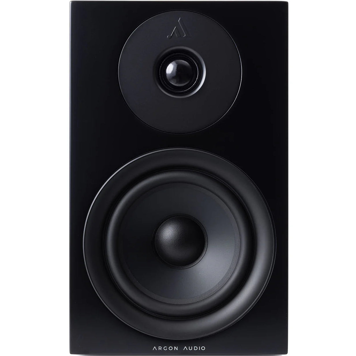 Argon Audio Forus 5 passive bookshelf speakers showing sleek black wood finish and modern design on a white background.