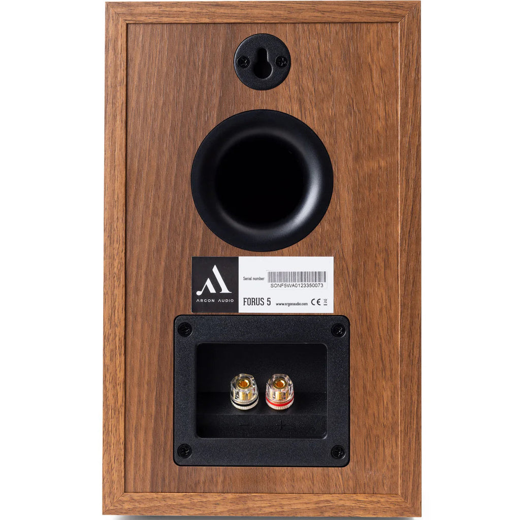 Argon Audio Forus 5 passive bookshelf speakers with wood finish and compact design, ideal for home audio setups.