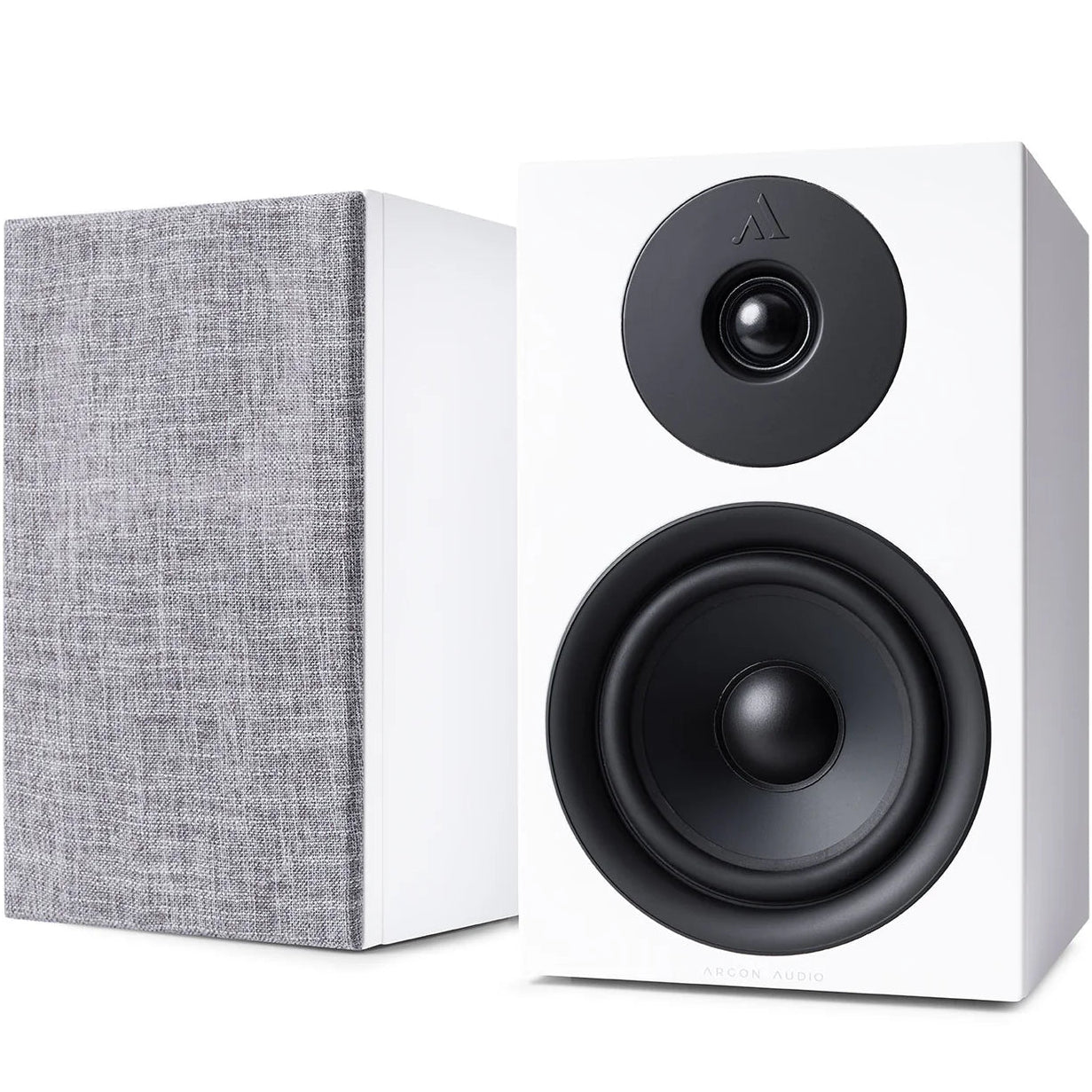 Argon Audio Forus 5 passive bookshelf speakers with white wood finish, showcasing the sleek design and front grille.