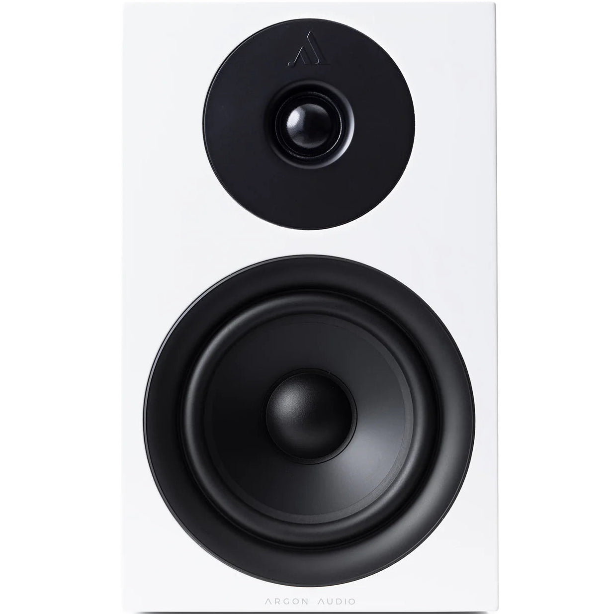 Argon Audio Forus 5 passive bookshelf speakers with white finish, displaying sleek design and speaker grille in the image.