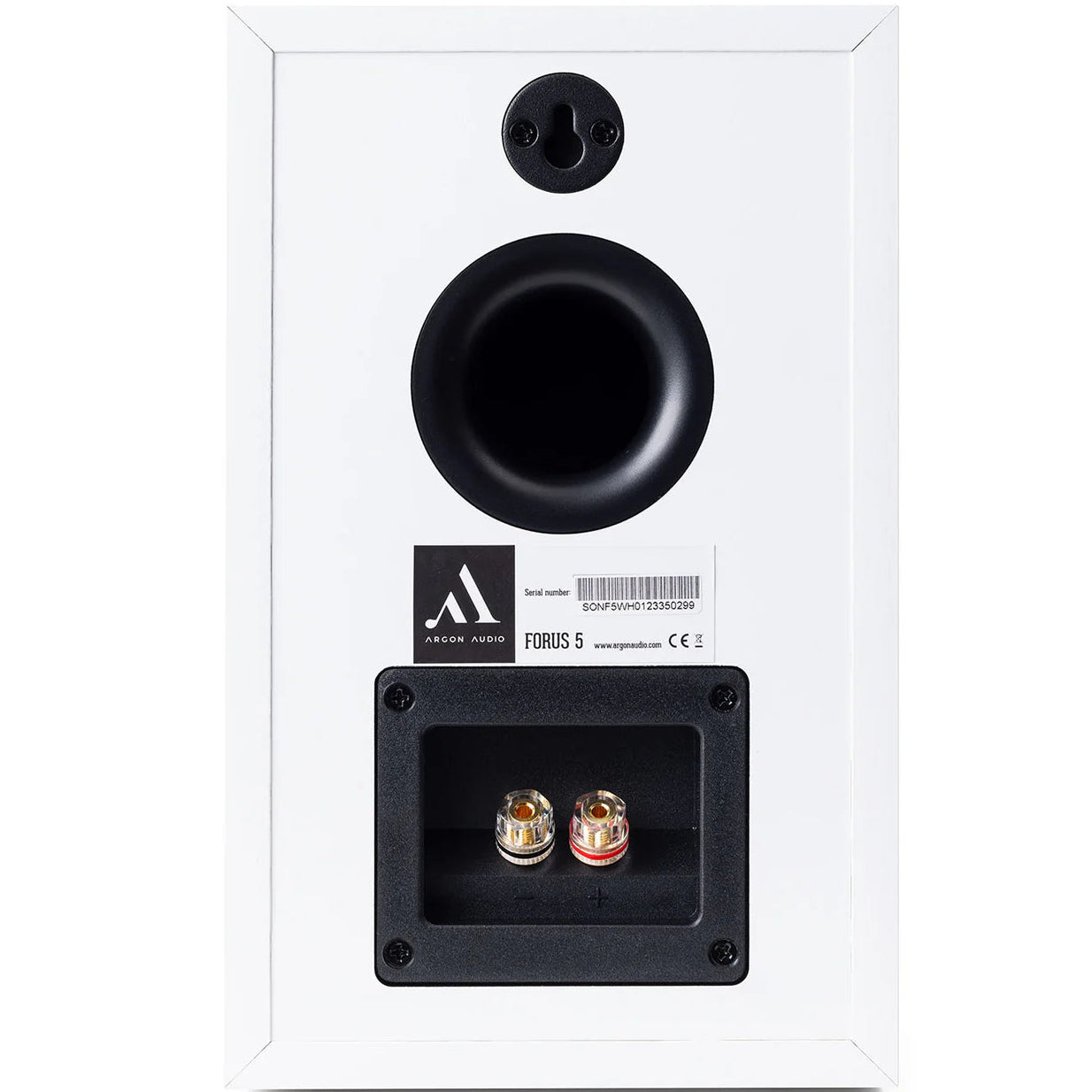 Argon Audio Forus 5 passive bookshelf speakers with white finish, featuring sleek design and compact size for home audio setup.