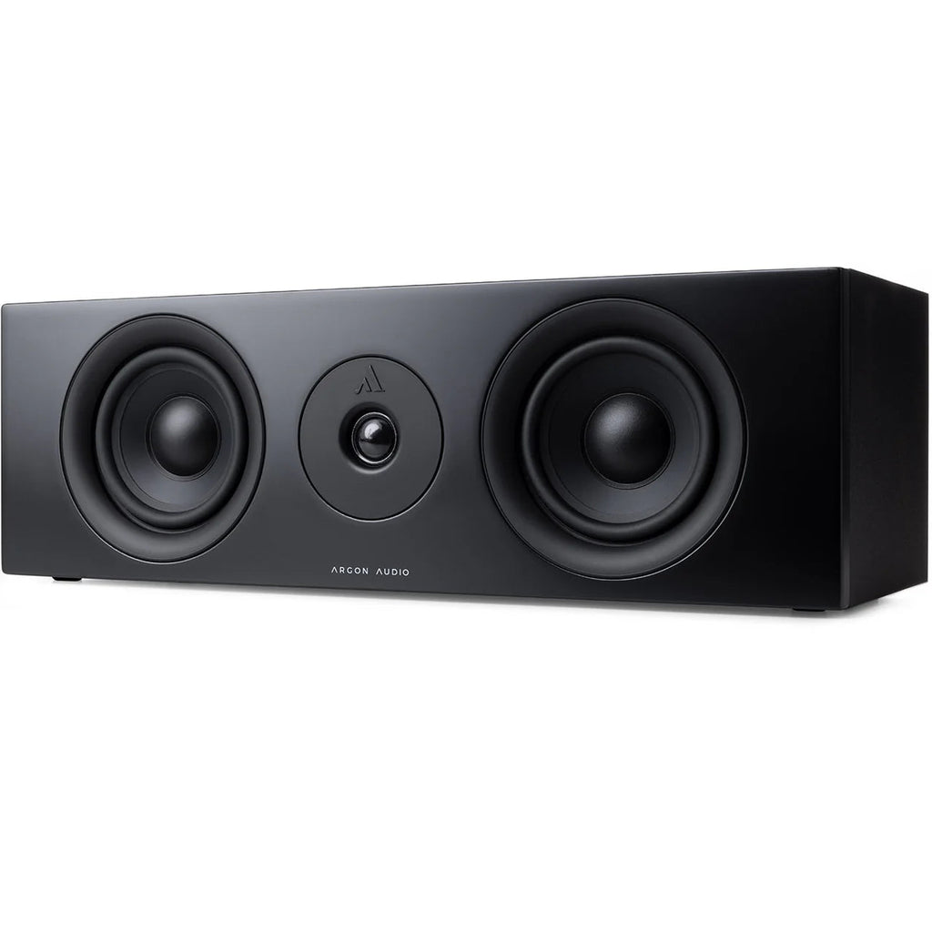 Argon Audio Forus Center speaker in black, showcasing its front grille and sleek design for home theater audio systems.