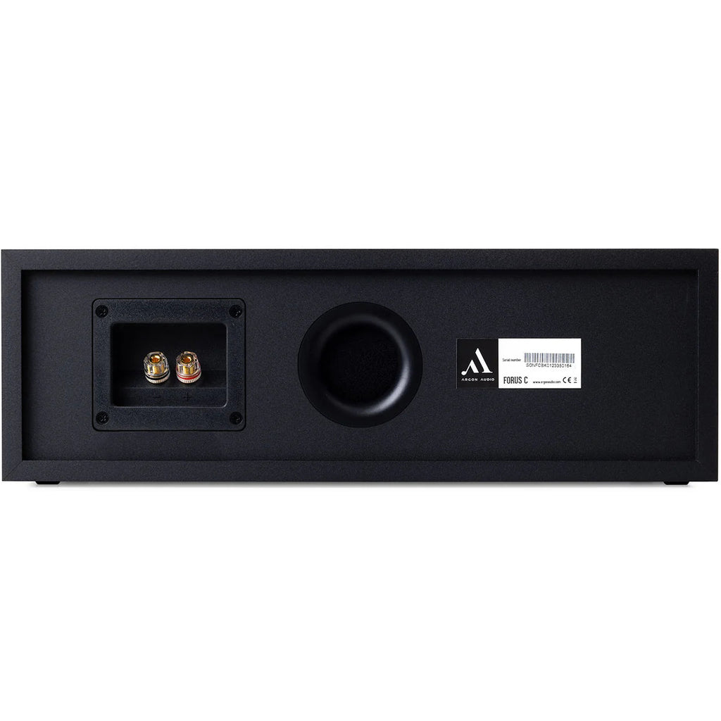 Argon Audio Forus Center speaker in black, showcasing its front grille and sleek design for home theater audio systems.