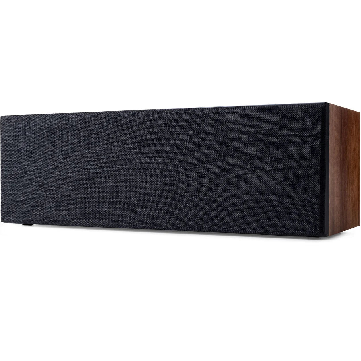 Argon Audio Forus Center speaker showing a sleek black design with front grille and connection ports, ideal for home theater systems.
