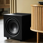 Black Argon Audio Malmö Sub 10 subwoofer with sleek design and control panel, showcasing its compact size and sturdy build.