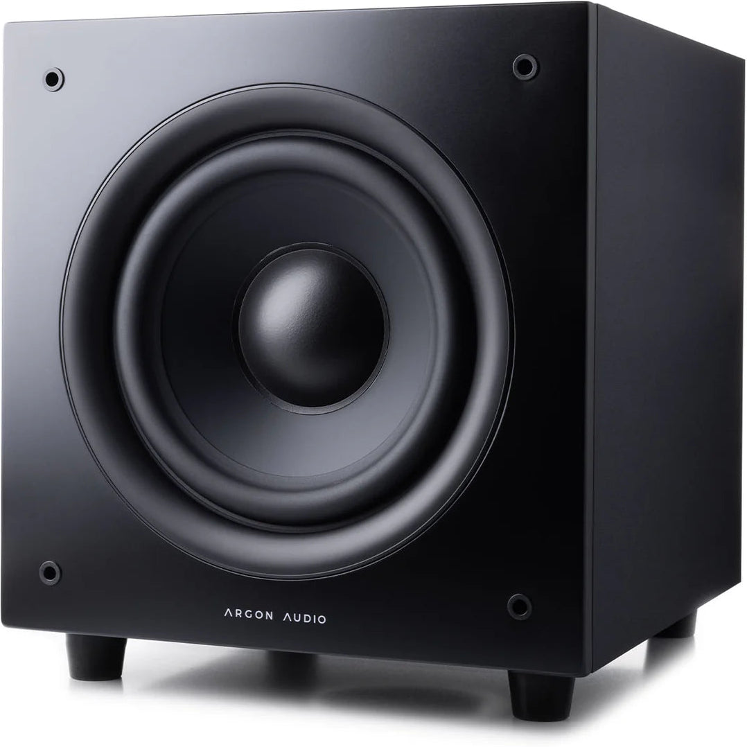 Argon Audio Malmö Sub 6 subwoofer with black finish, showcasing the sleek design and front speaker grille.