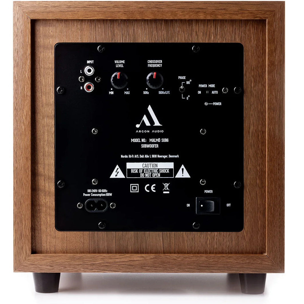 Argon Audio Malmö Sub 6 subwoofer with sleek black design and control panel on top, showcasing powerful audio output and modern style.