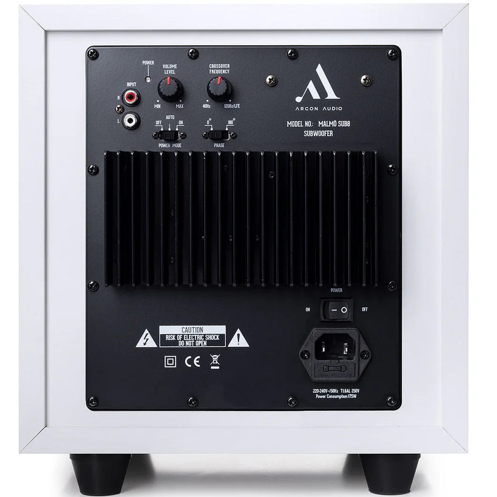 Argon Audio Malmö Sub 8 subwoofer in white with sleek design and compact size, featuring a black speaker grille and control knobs on top.