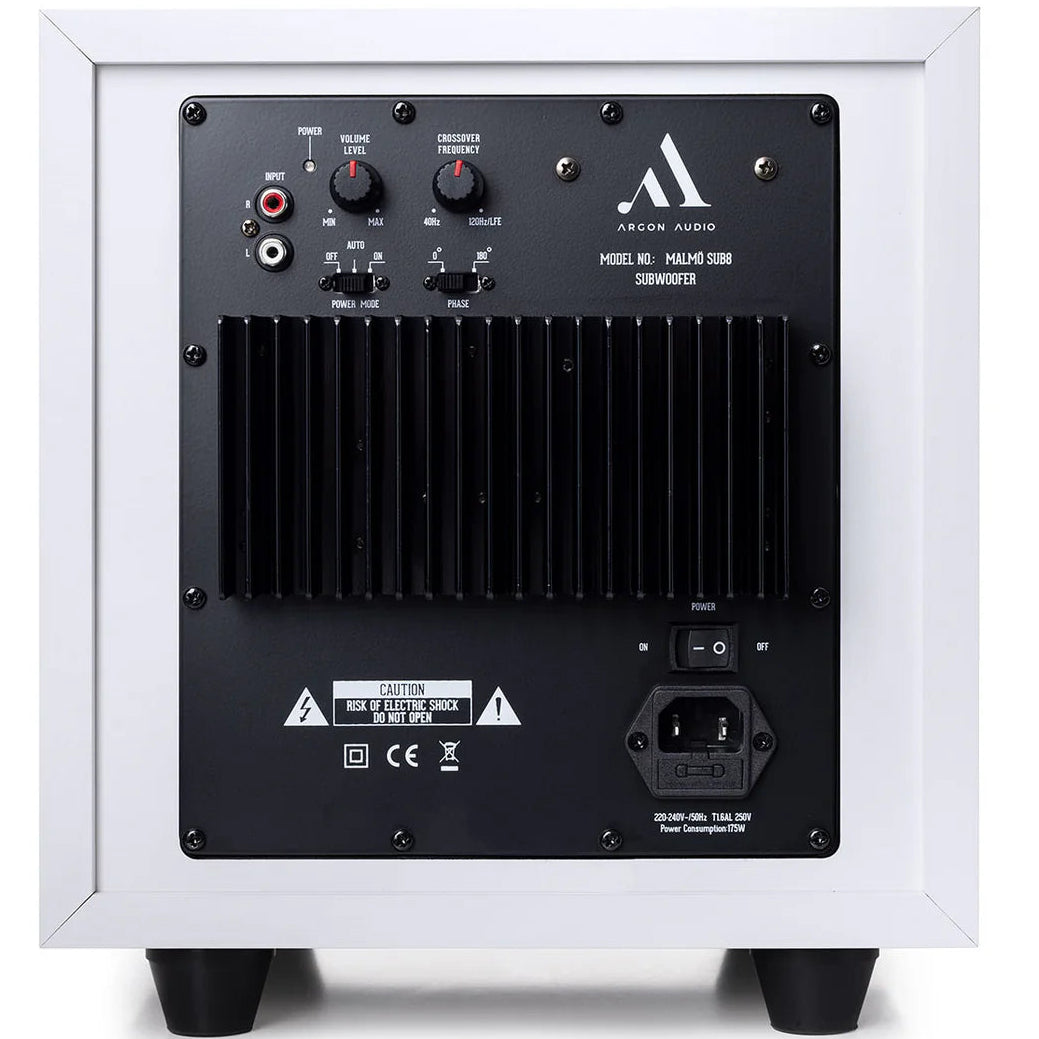 Argon Audio Malmö Sub 8 subwoofer in white with sleek design and compact size, featuring a black speaker grille and control knobs on top.