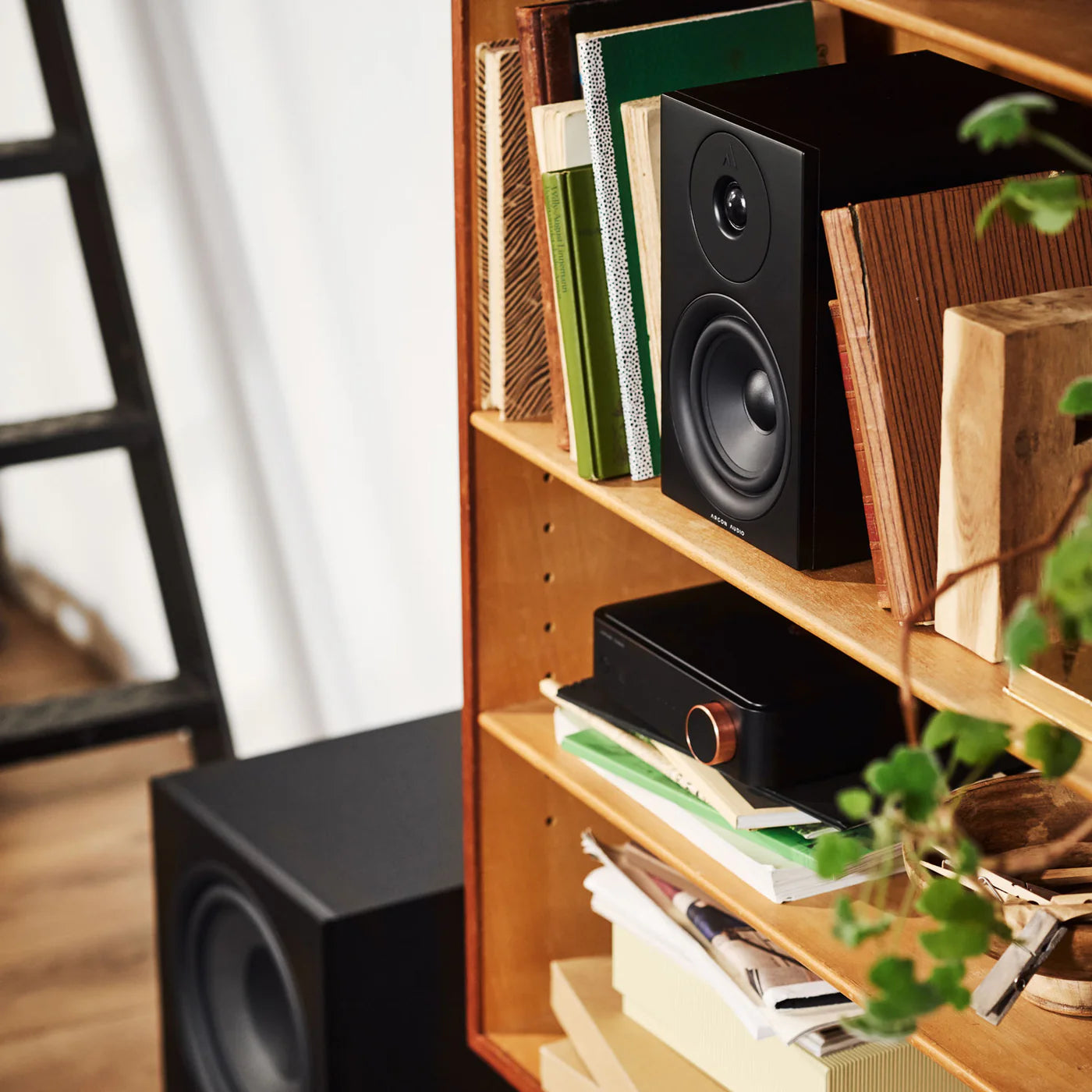 Black Argon Audio Forus 5 passive bookshelf speakers with sleek design and compact size, shown in the product image.