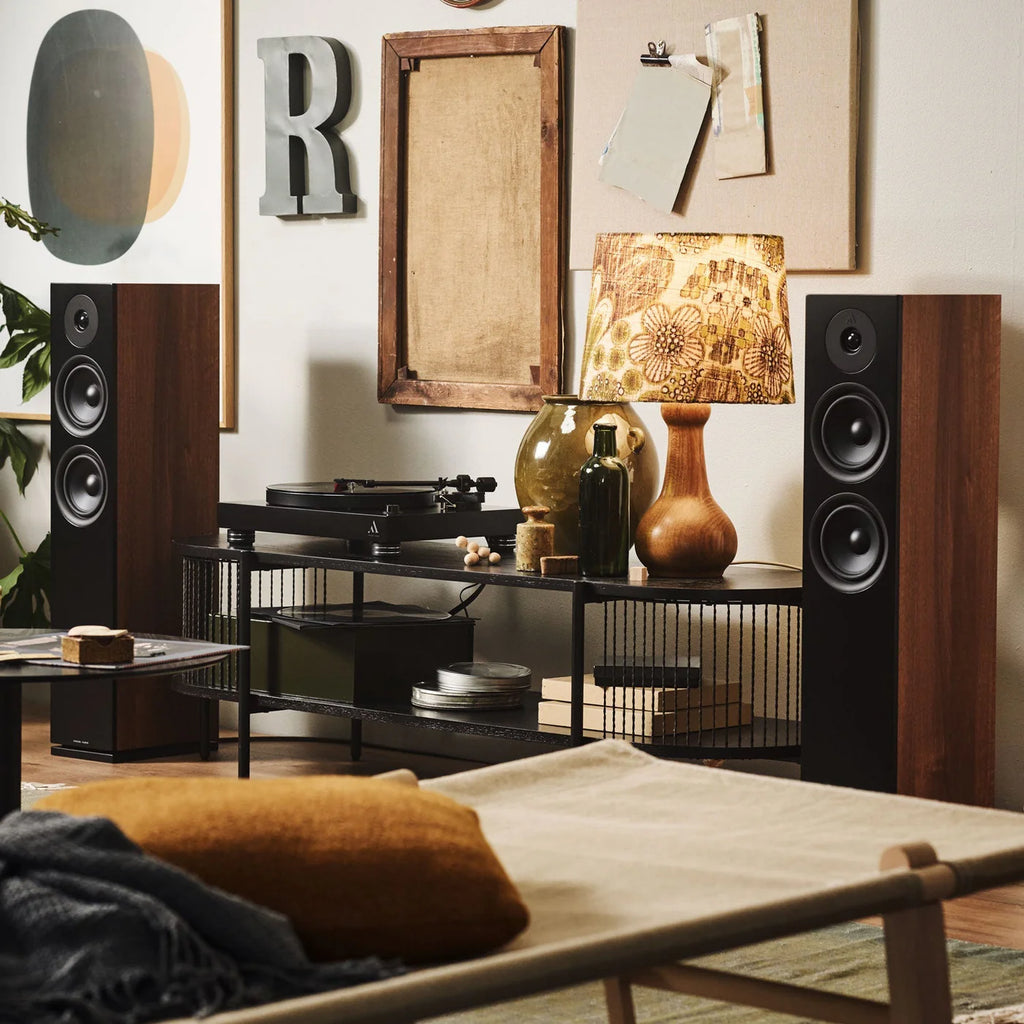 Argon Audio Forus 55 passive floorstanding speakers with black finish, showing sleek design and speaker drivers in a home audio setup.