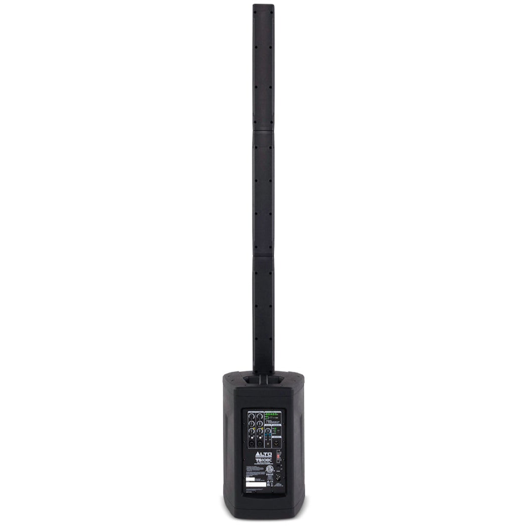 Rear view of Alto Professional TS108C active column speaker showing input panel and sleek black design.