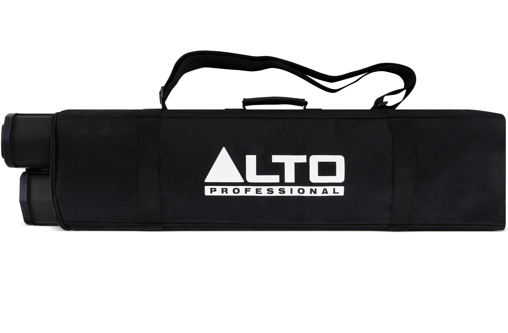 Alto Professional TS112C active column speaker with carrying bag, showing the sleek black design and front grille.