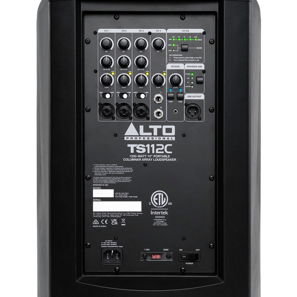 Alto Professional TS112C active column speaker with sleek black design and detailed controls on the front panel.