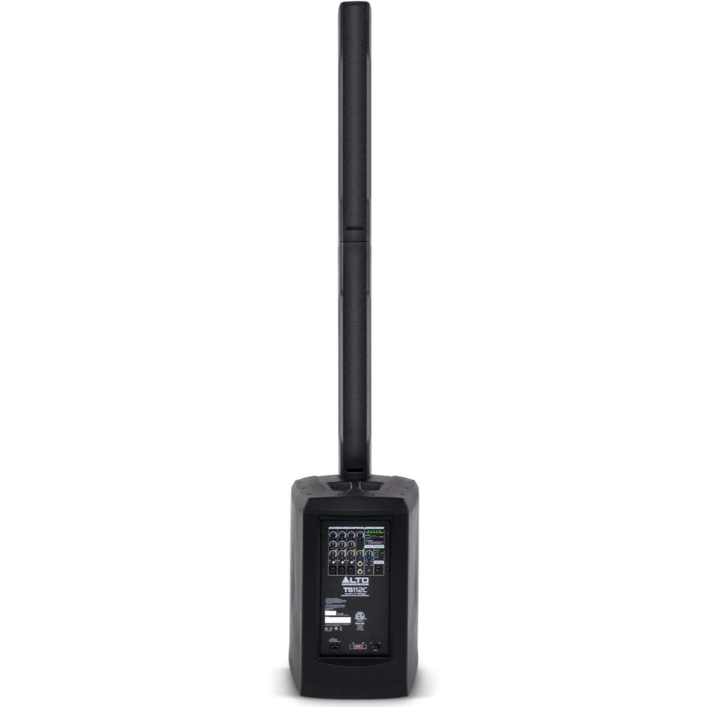 Rear view of Alto Professional TS112C active column speaker showing controls and input connections.