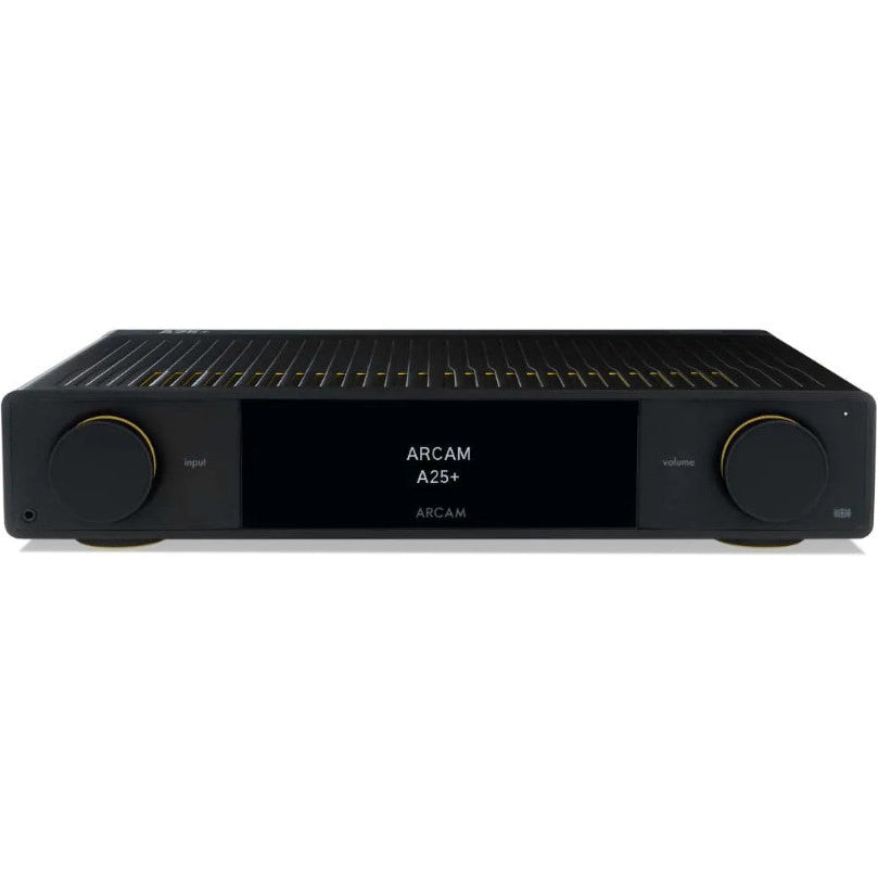 Arcam A25+ stereo amplifier with sleek silver design and control knobs, ideal for high-quality audio listening.