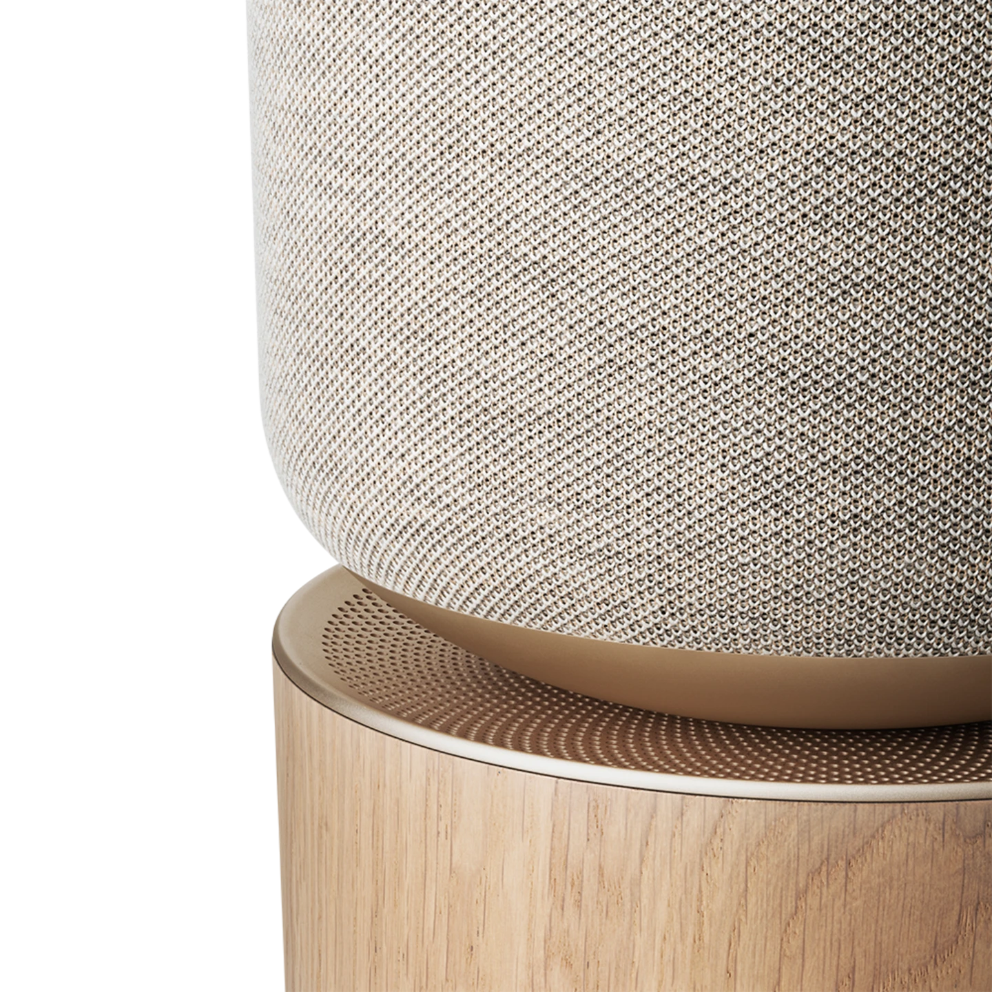 Bang & Olufsen Beosound Balance wireless speaker with natural wood finish and sleek modern design, detailed close-up image.