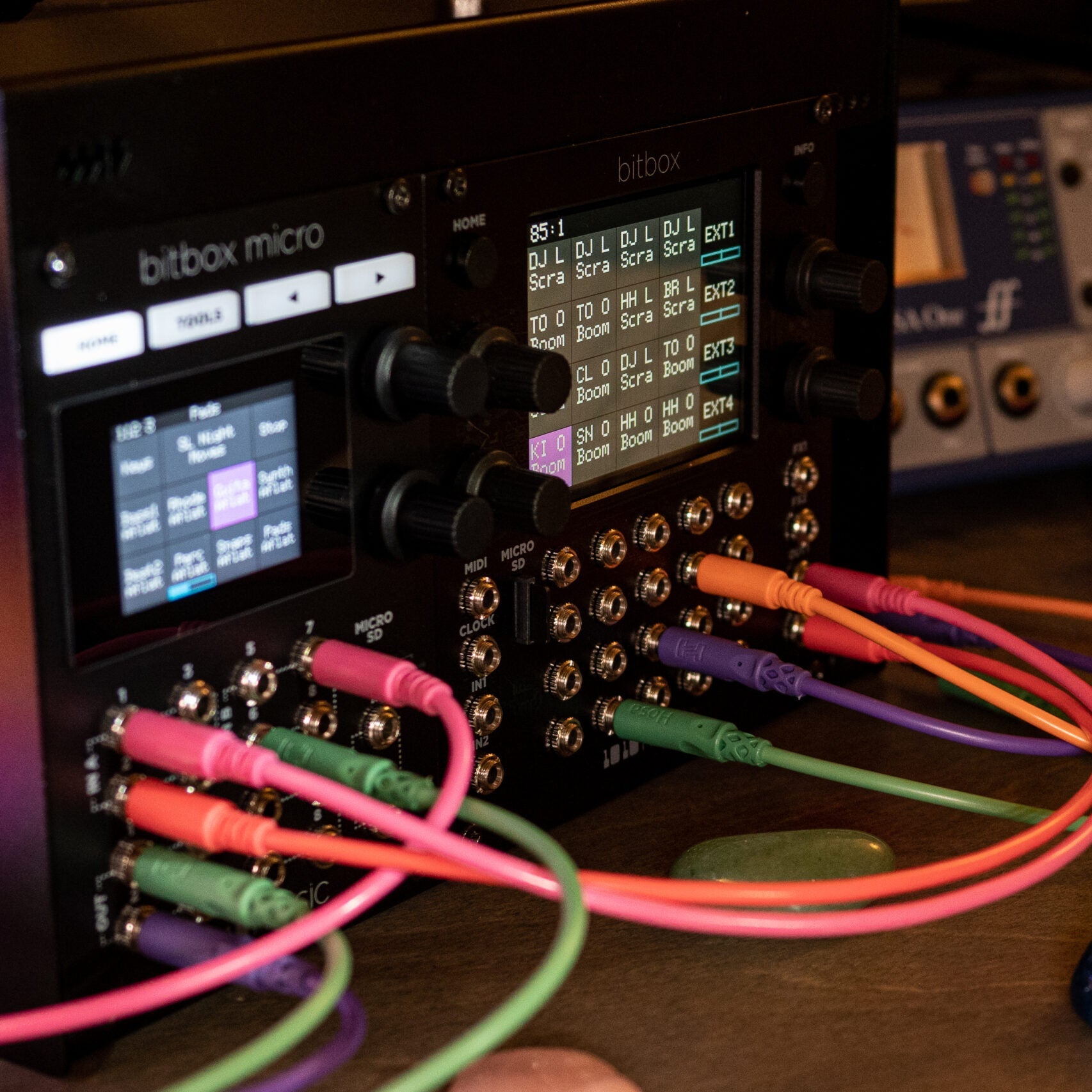 Black 1010music Bitbox Micro semi-modular synthesizer with compact design for studio use.