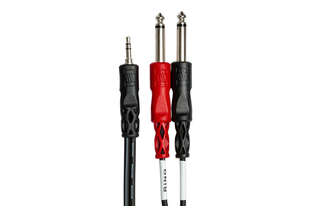 Hosa CMP-150 3.5mm TRS - Dual 6.3mm TS Stereo Breakout cable, 3.5mm TRS and dual 6.3mm TS connectors close-up