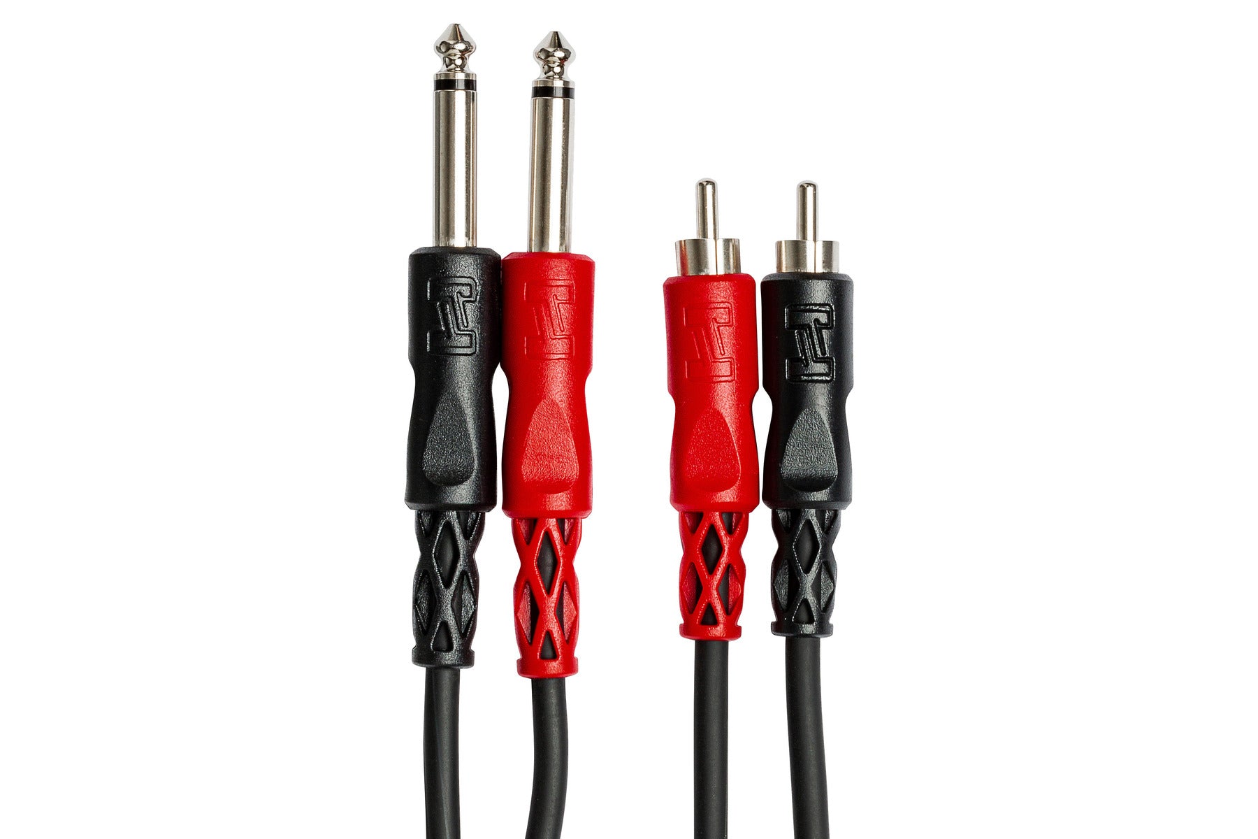 Hosa CPR-200 6.3mm TS - Dual RCA Stereo cable, dual 6.3mm TS and dual RCA connectors close-up