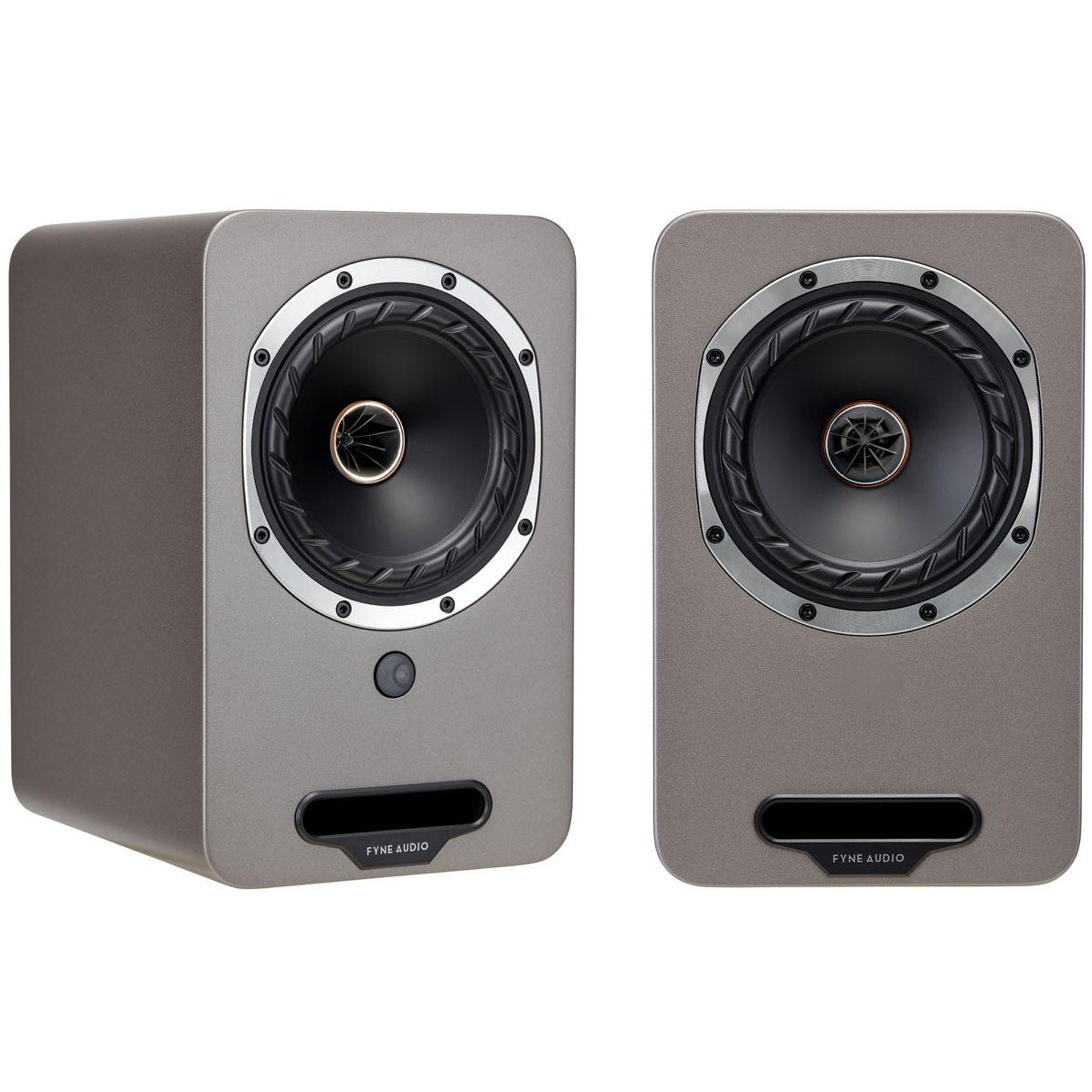 Pair of Fyne Audio Cubitt 5 active bookshelf speakers in pearl titanium finish, showcasing sleek design and high-quality audio components.