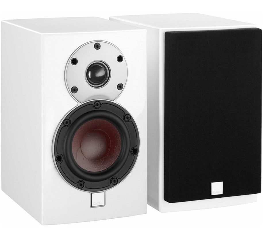 DALI Menuet passive bookshelf speakers with black woodgrain finish, compact design, and high-quality audio performance.