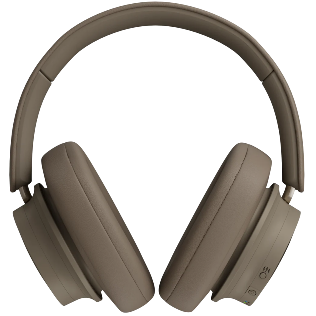 DALI iO-12 wireless headphones in mocha grey with over-ear design and plush ear cushions, showcasing their stylish and comfortable fit.