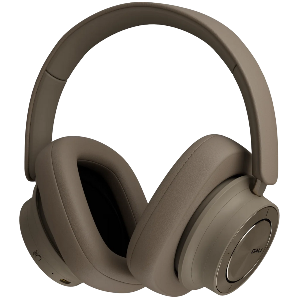 DALI iO-12 wireless headphones in mocha grey with cushioned ear cups and adjustable headband, showcasing sleek modern design