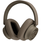 DALI iO-12 wireless headphones in mocha grey with cushioned ear cups and adjustable headband, showcasing sleek modern design