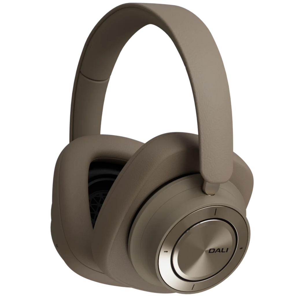 DALI iO-12 wireless headphones in mocha grey with cushioned ear cups and headband, showcasing a sleek, modern design.