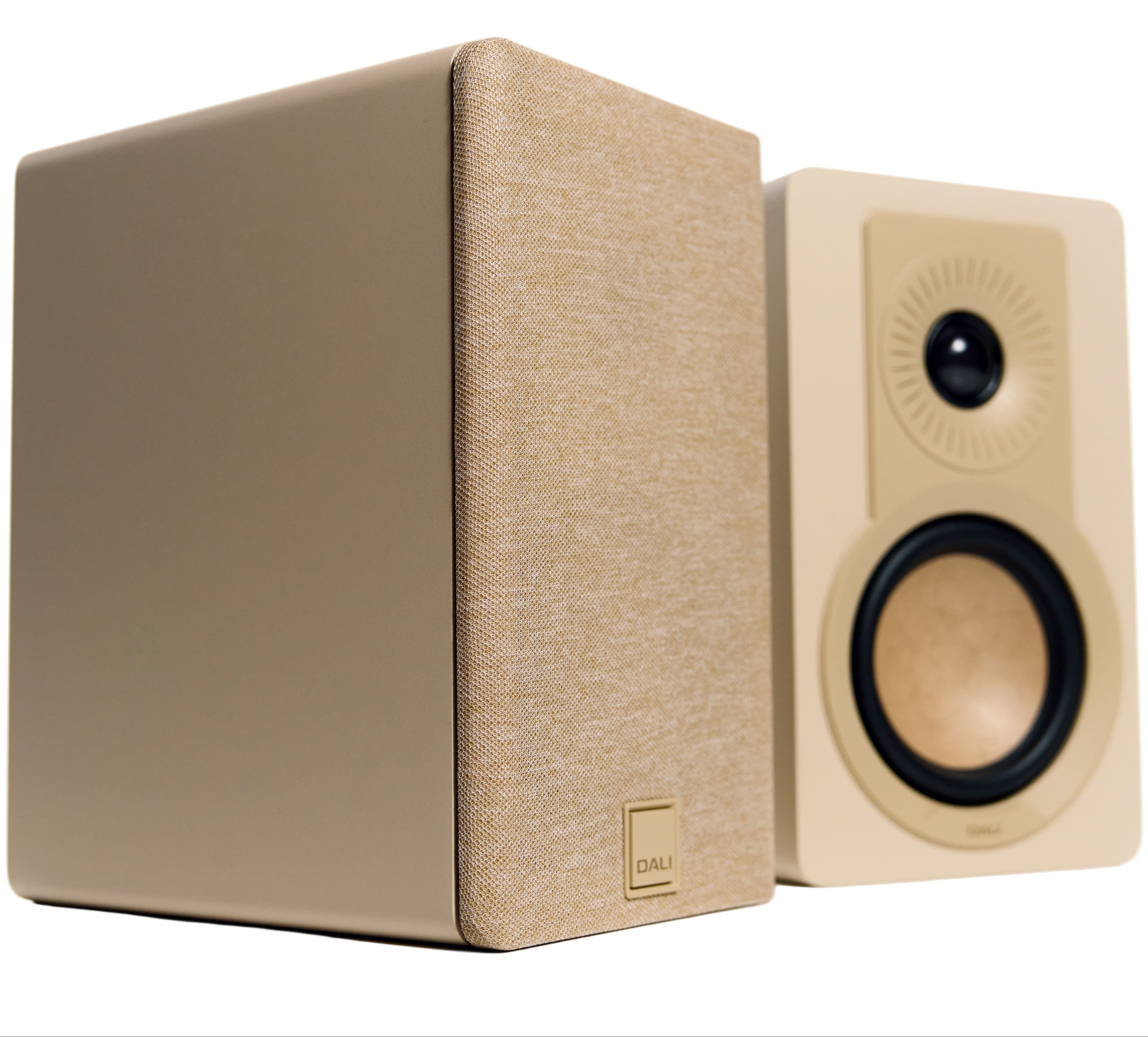 DALI Kupid passive bookshelf speakers in caramel white, showcasing sleek design and compact size for high-quality audio.