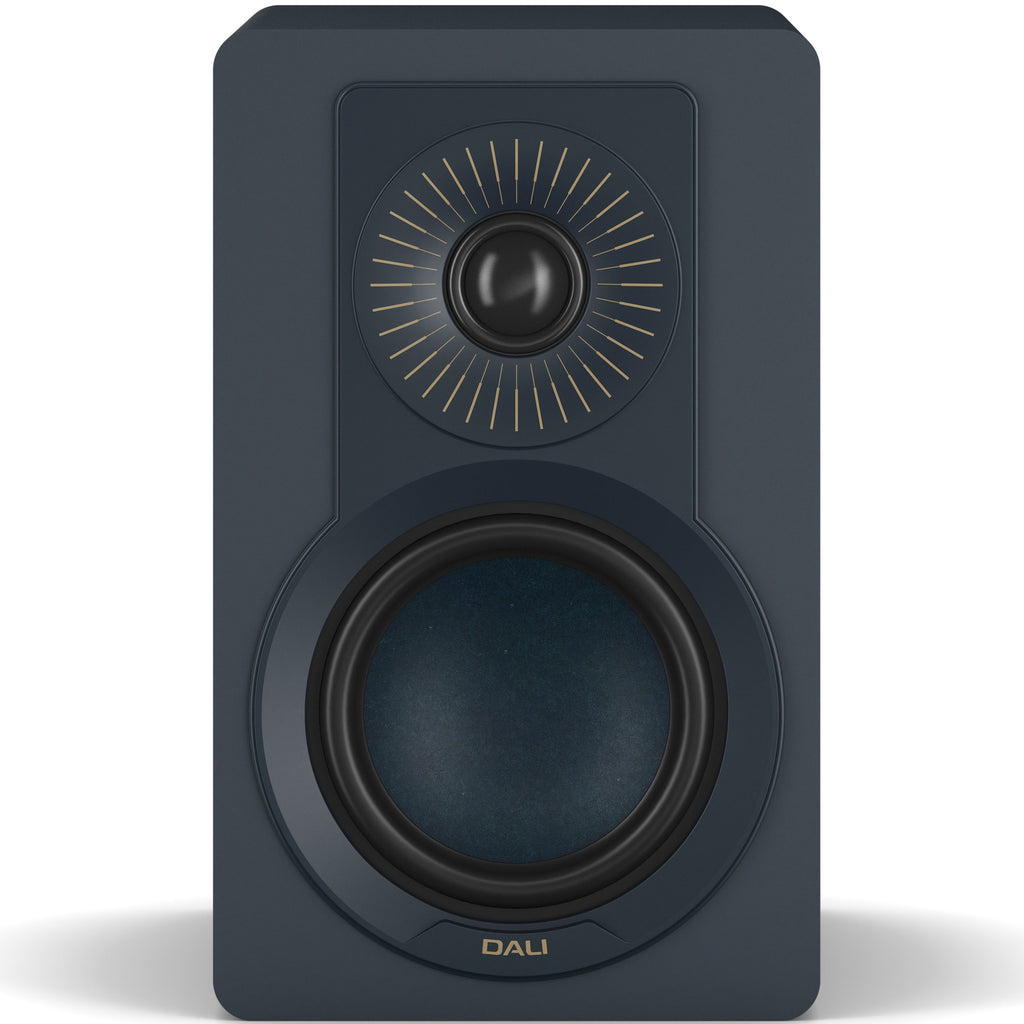 DALI Kupid passive bookshelf speakers with chilly blue grille covering, showcasing sleek modern design and compact size.