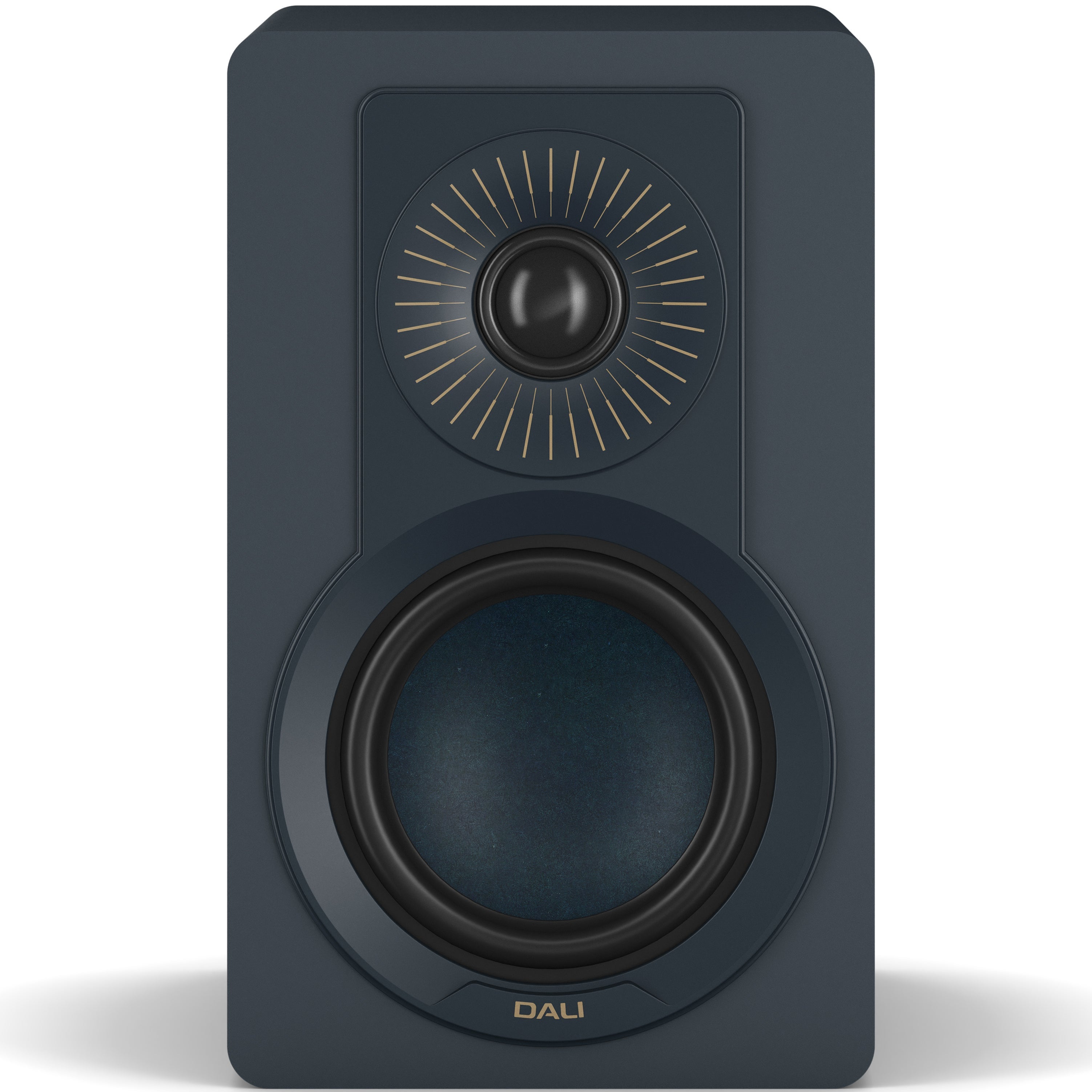 DALI Kupid passive bookshelf speakers with chilly blue grille covering, showcasing sleek modern design and compact size.