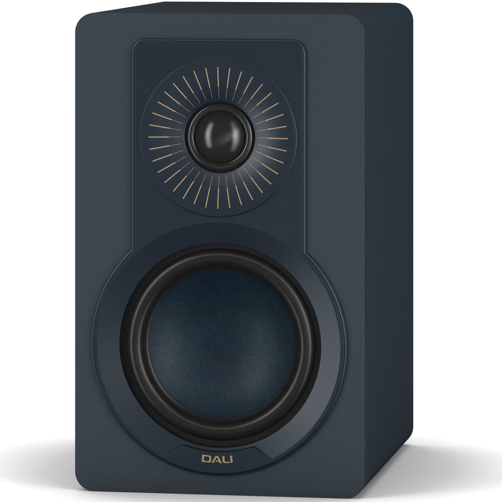 DALI Kupid passive bookshelf speaker with blue grill and wooden finish, showcasing modern design and high-quality audio components.