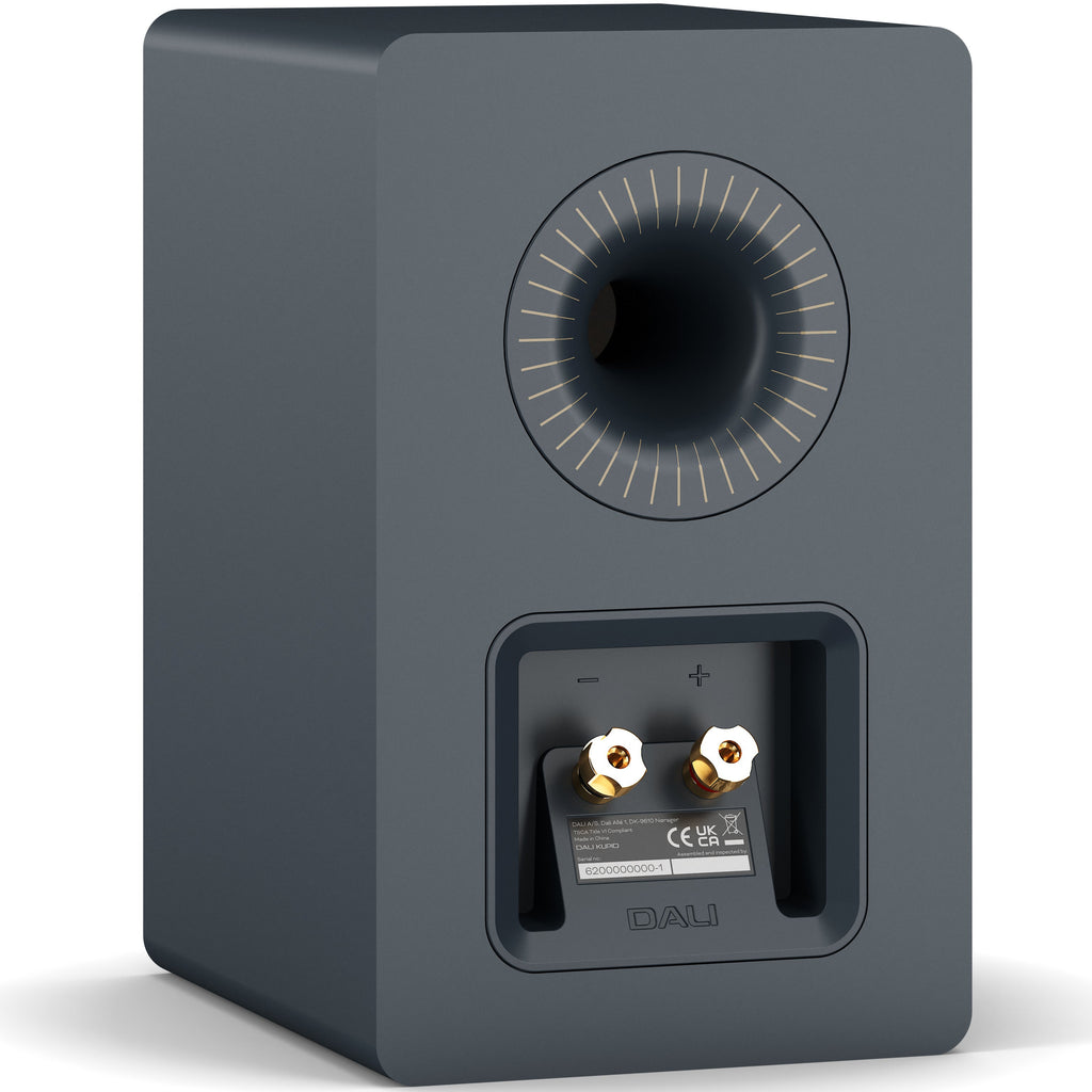DALI Kupid passive bookshelf speakers with chilly blue grilles, showcasing modern design and compact size for high-quality sound.