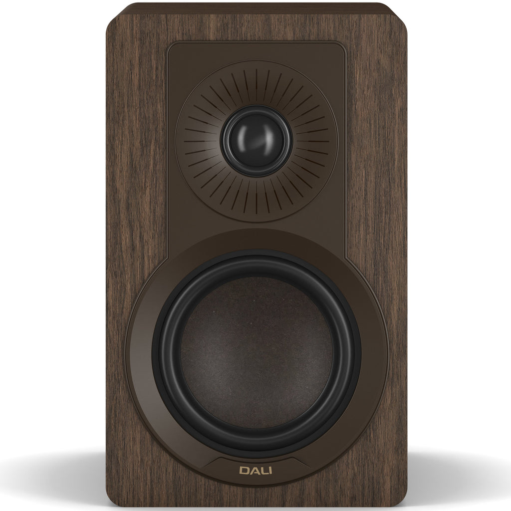 DALI Kupid passive bookshelf speakers with dark walnut finish, showing the front grille and sleek modern design.