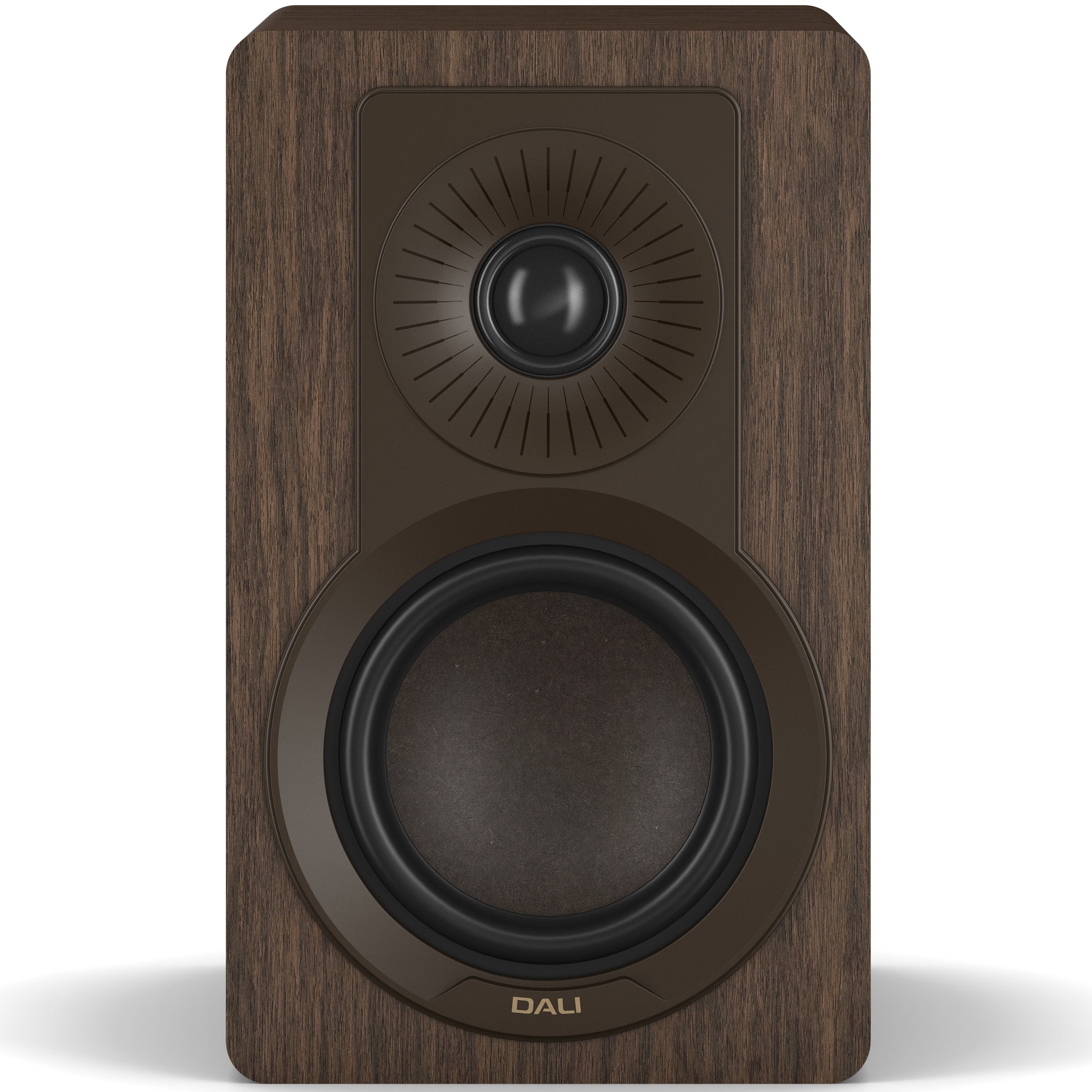 DALI Kupid passive bookshelf speakers with dark walnut finish, showing the front grille and sleek modern design.