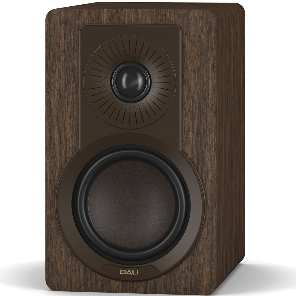 DALI Kupid passive bookshelf speakers with dark walnut finish and grill cover, showcasing sleek wood grain design.