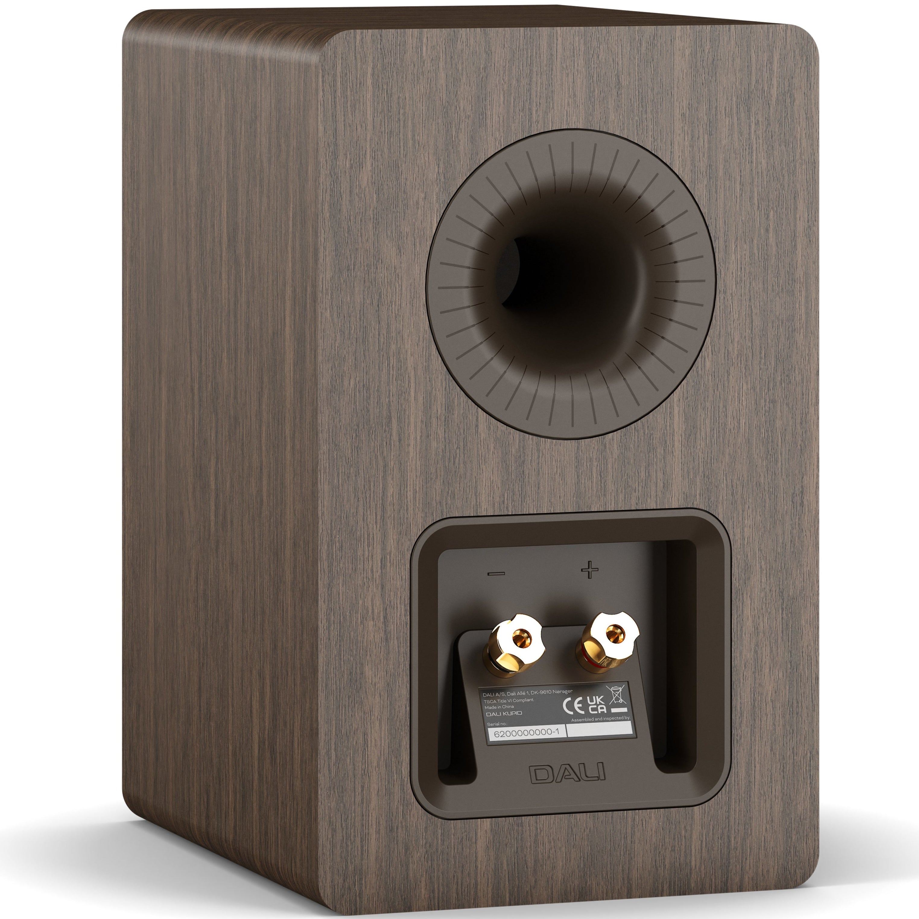 DALI Kupid passive bookshelf speakers with dark walnut finish and grille, showcasing sleek modern design.